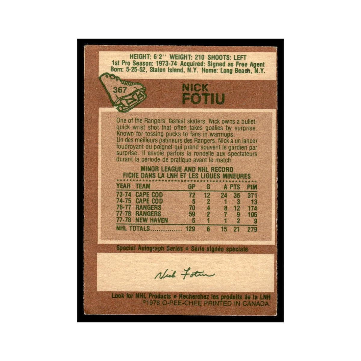 Nick Fotiu 1978 O-Pee-Chee (Damaged) #367 New York Rangers Hockey Card Poor