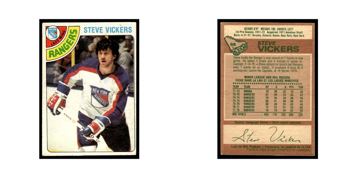 Steve Vickers 1978 O-Pee-Chee #55 New York Rangers Hockey Card VG