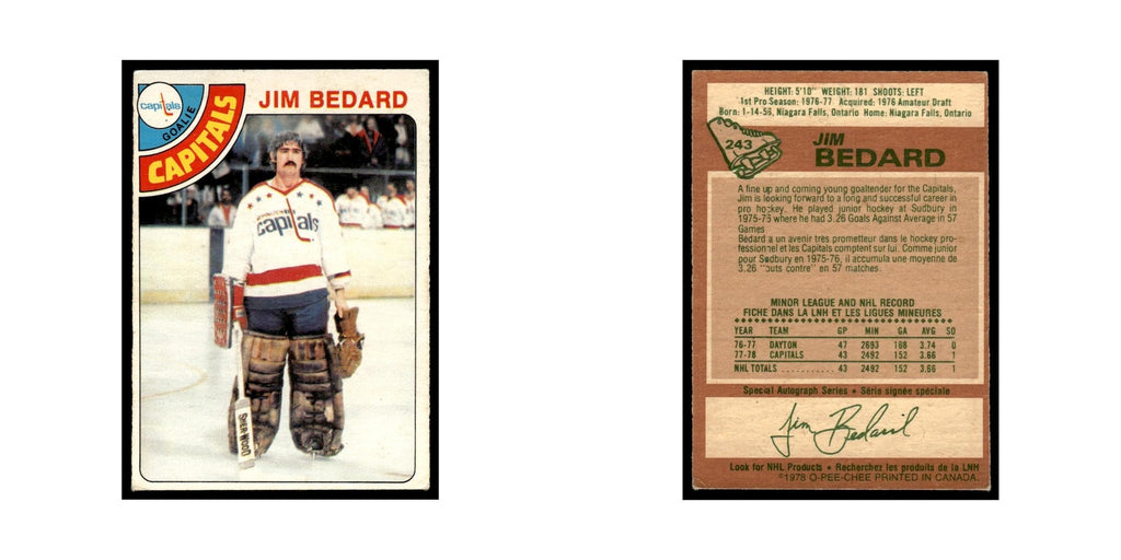 Jim Bedard Rookie 1978 O-Pee-Chee #243 Washington Capitals Hockey Card VG