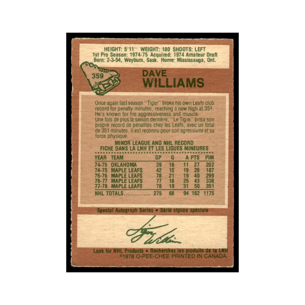 Dave Williams 1978 O-Pee-Chee (Damaged) #359 Toronto Maple Leafs Poor