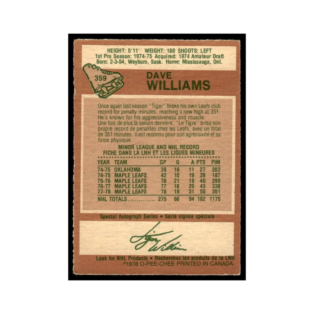 Dave Williams 1978 O-Pee-Chee (Damaged) #359 Toronto Maple Leafs Poor