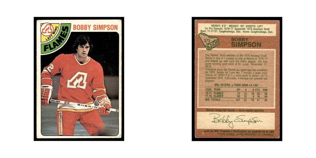 Bobby Simpson 1978 O-Pee-Chee (Damaged) #372 Atlanta Flames Hockey Card Poor