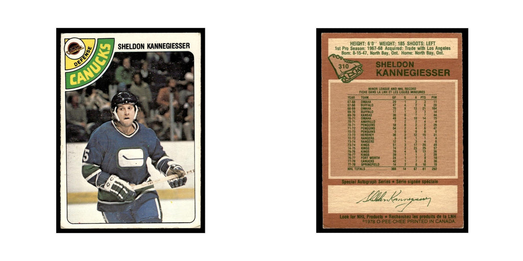 Sheldon Kannegiesser 1978 O-Pee-Chee #310 Vancouver Canucks Hockey Card VG