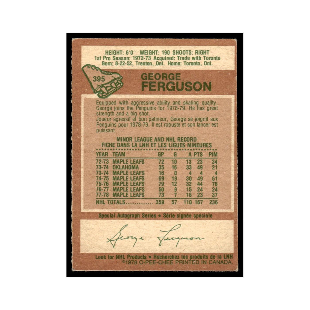 George Ferguson 1978 O-Pee-Chee (Damaged) #395 Pittsburgh Penguins Poor