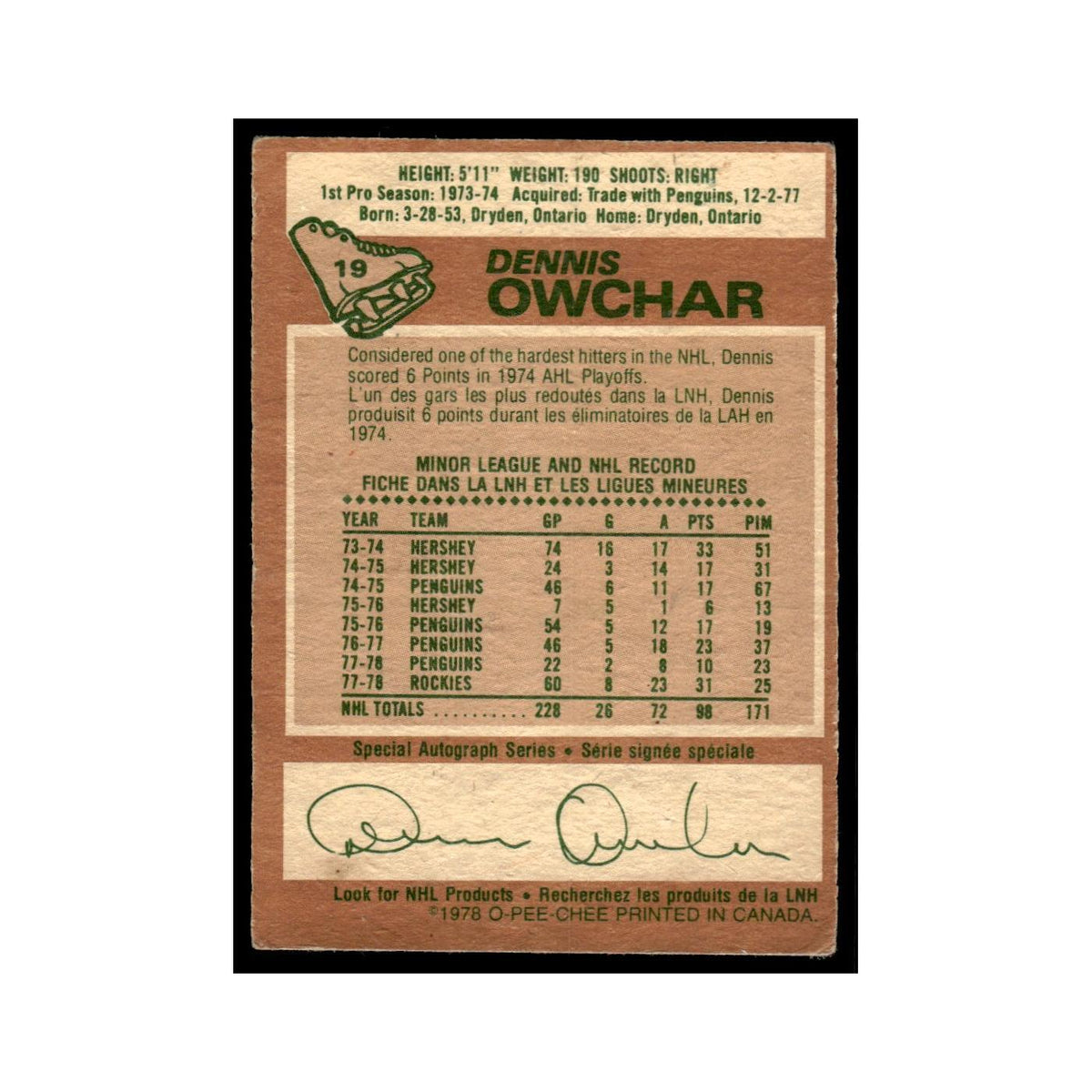 Dennis Owchar 1978 O-Pee-Chee #19 Colorado Rockies Hockey Card VG