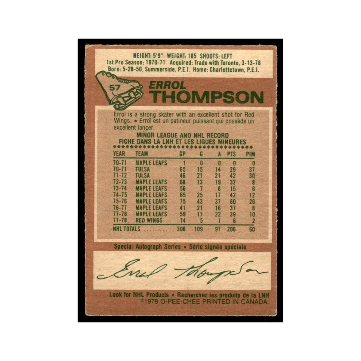 Errol Thompson 1978 O-Pee-Chee #57 Detroit Red Wings Hockey Card VG