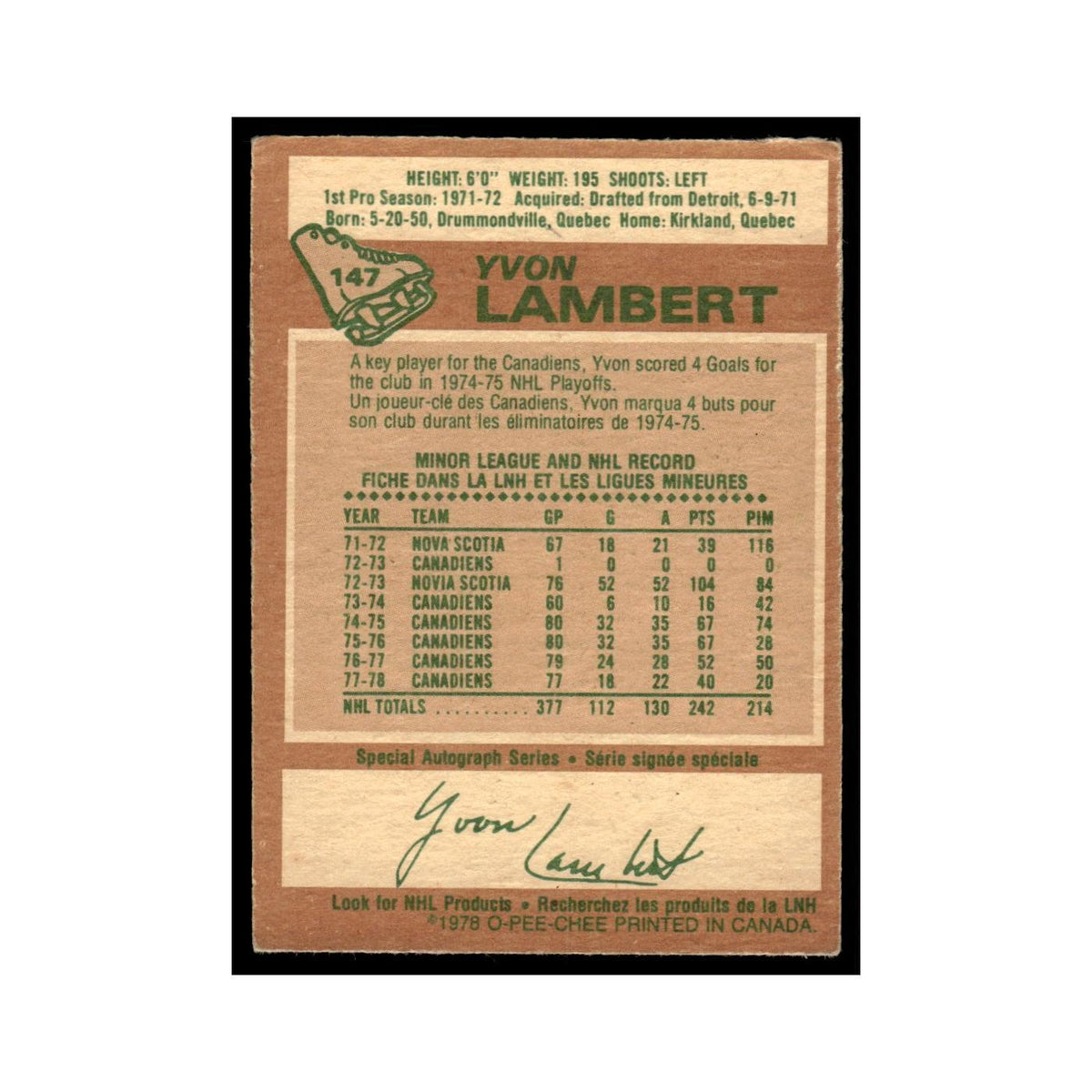 Yvon Lambert 1978 O-Pee-Chee (Damaged) #147 Montreal Canadiens Hockey Card Poor