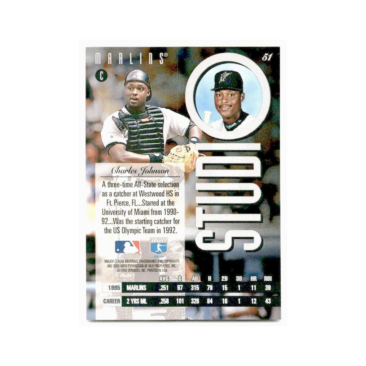Charles Johnson 1996 Leaf Studio #51 Florida Marlins Baseball Card NM