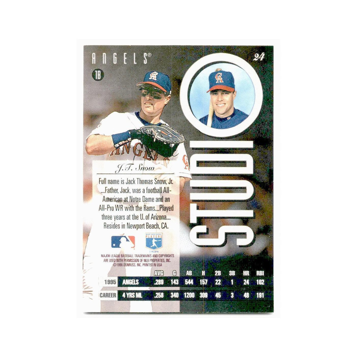 J.T. Snow 1996 Leaf Studio #24 California Angels Baseball Card NM