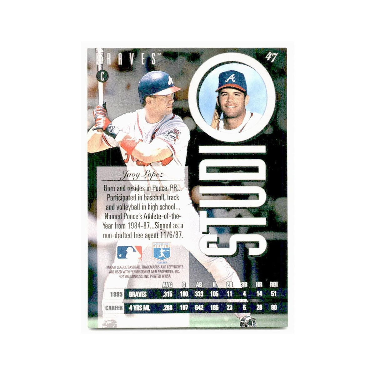 Javy Lopez 1996 Leaf Studio #47 Atlanta Braves Baseball Card NM