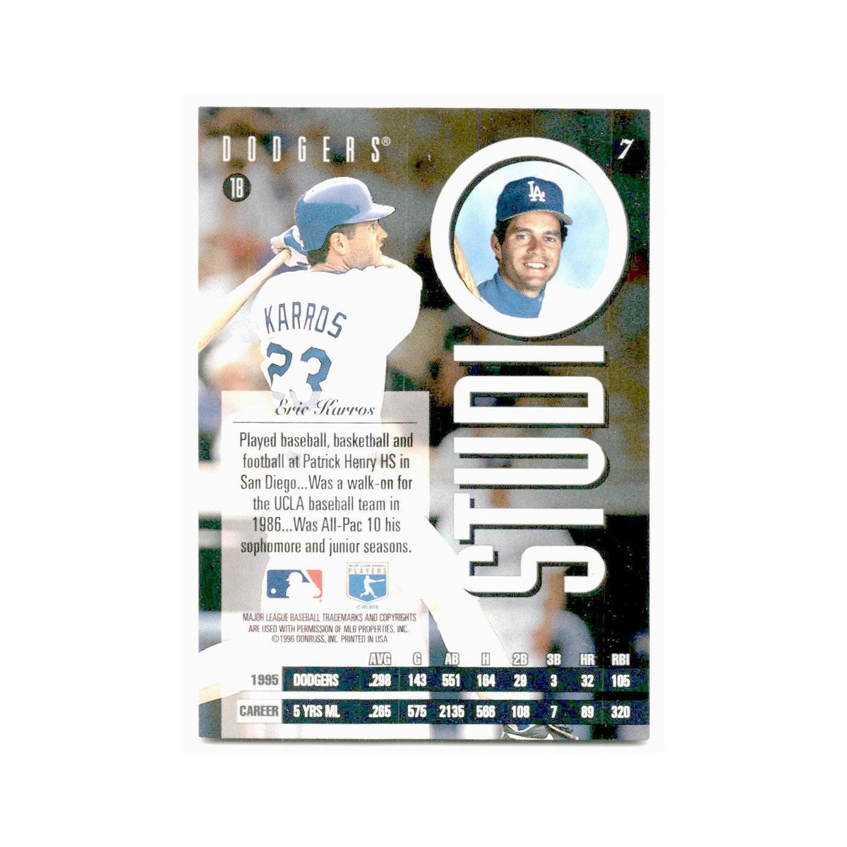 Eric Karros 1996 Leaf Studio #7 Los Angeles Dodgers Baseball Card NM