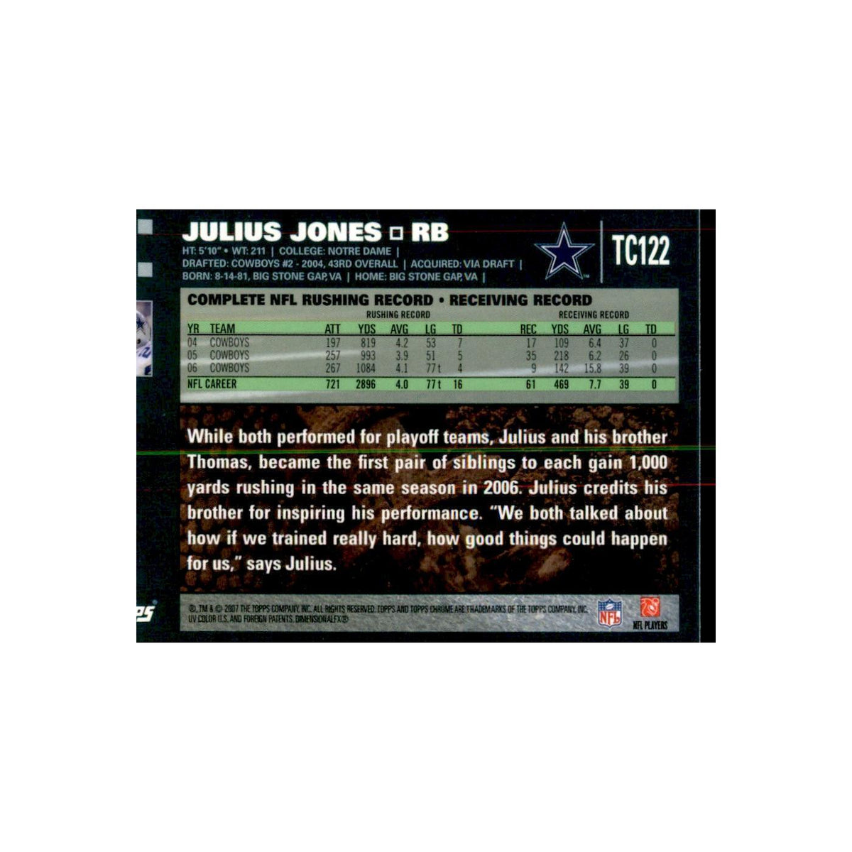 2007 Topps Chrome Julius Jones Football Cards #TC122