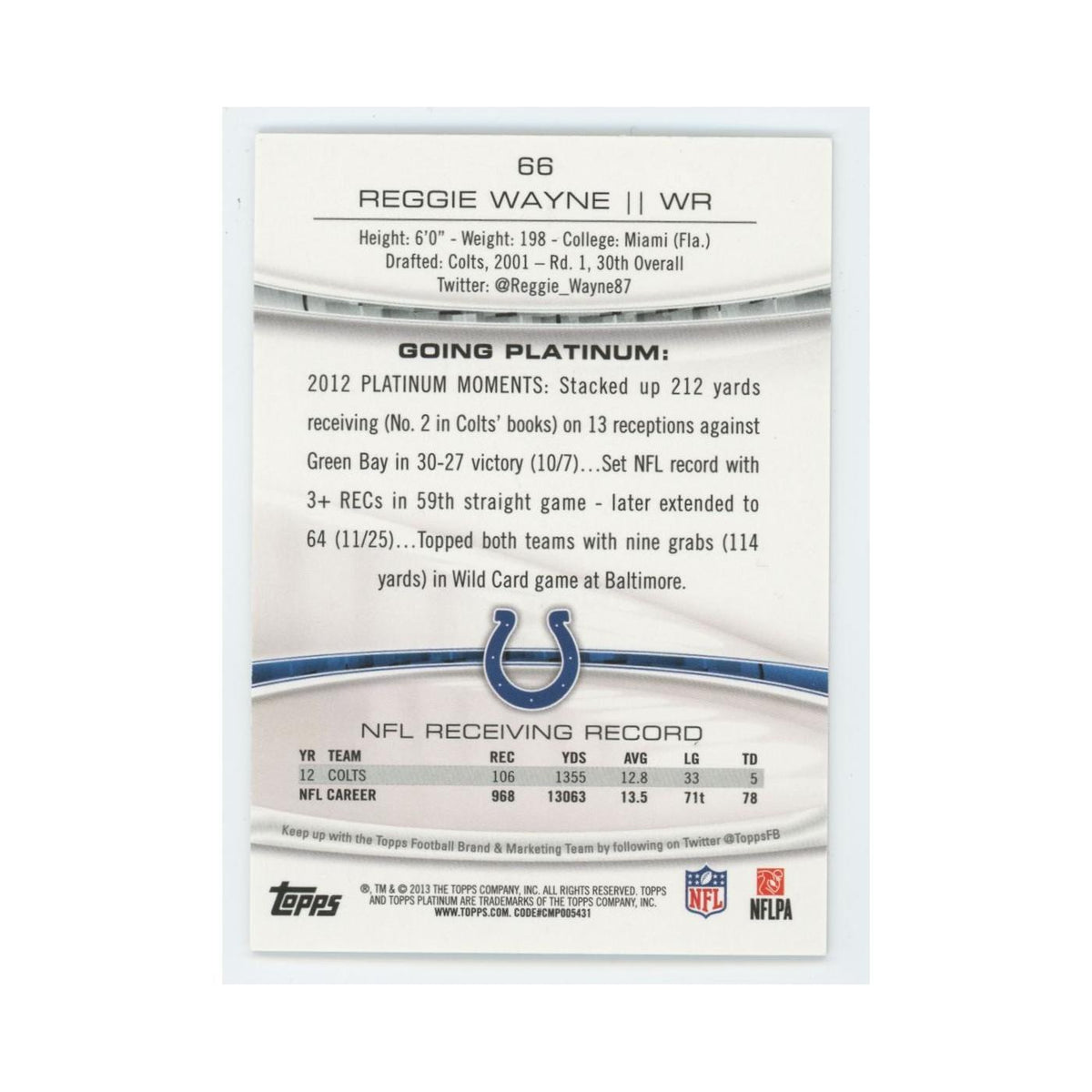 2013 Topps Platinum Reggie Wayne Colts #66