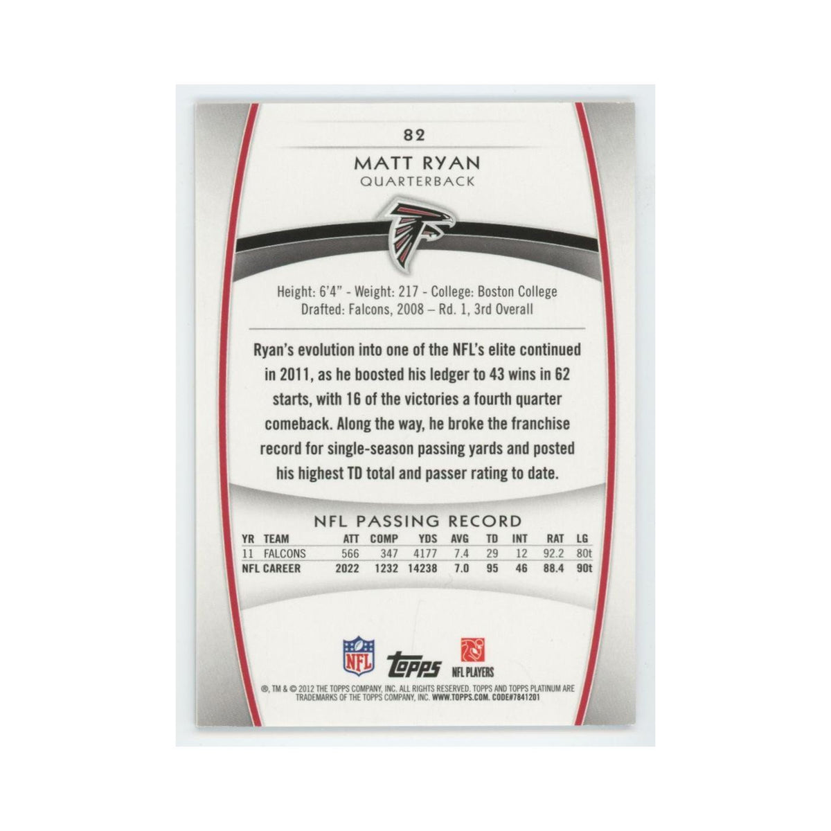 2012 Topps Platinum Matt Ryan Falcons #82