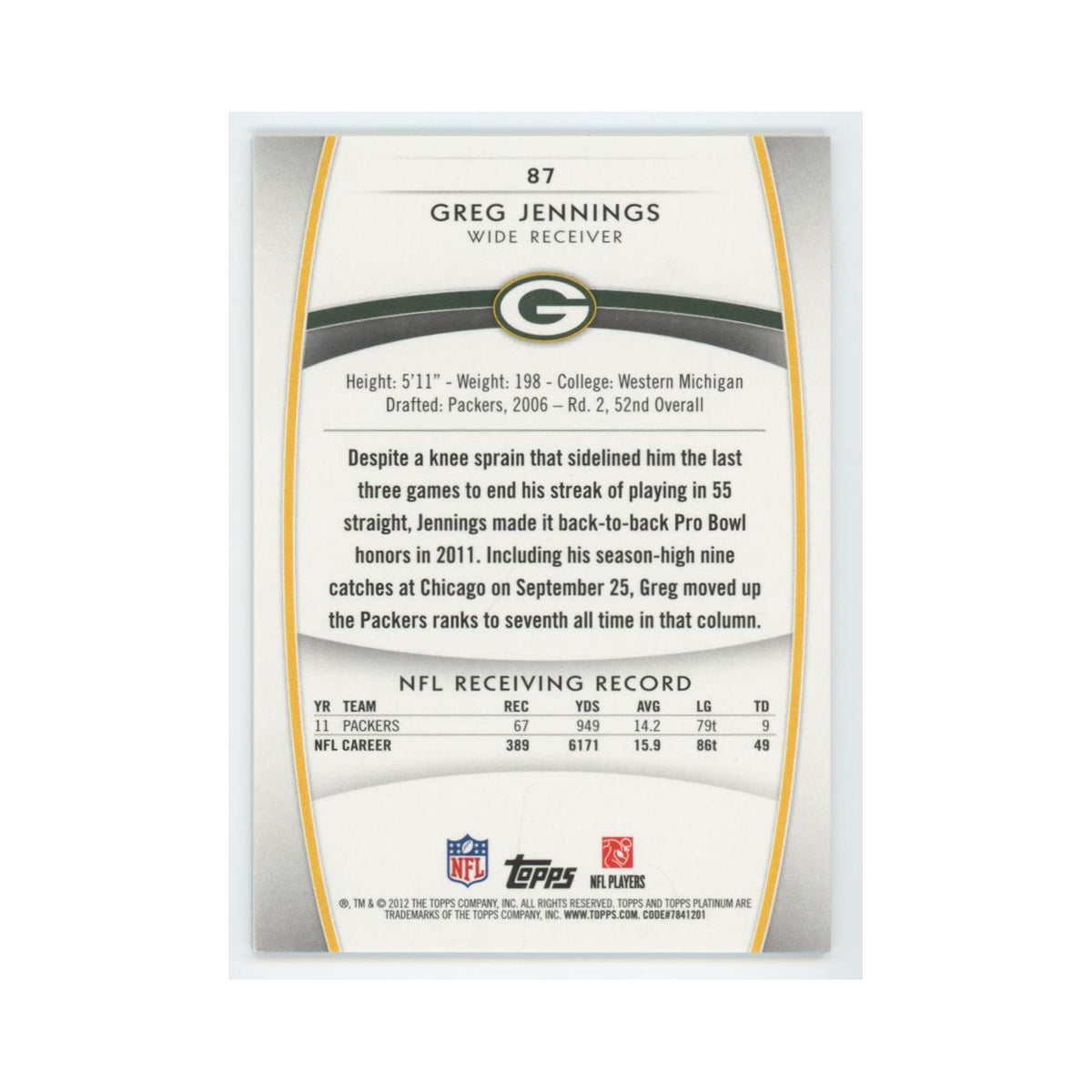 2012 Topps Platinum Greg Jennings Packers #87