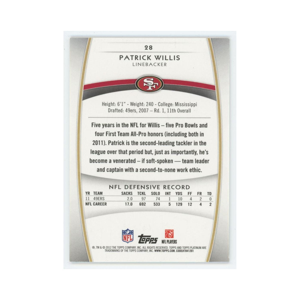 2012 Topps Platinum Patrick Willis 49ers #28