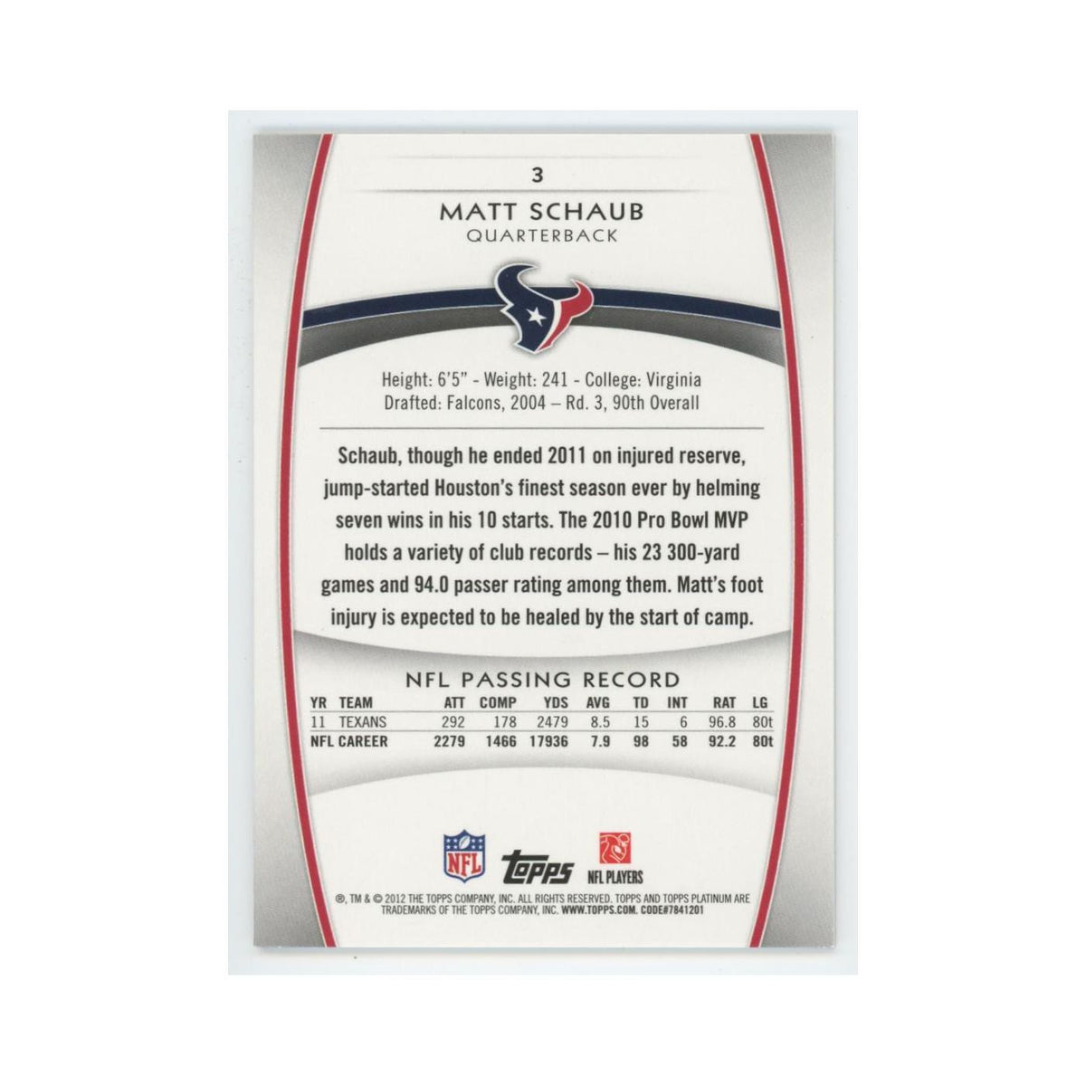 2012 Topps Platinum Matt Schaub Texans #3