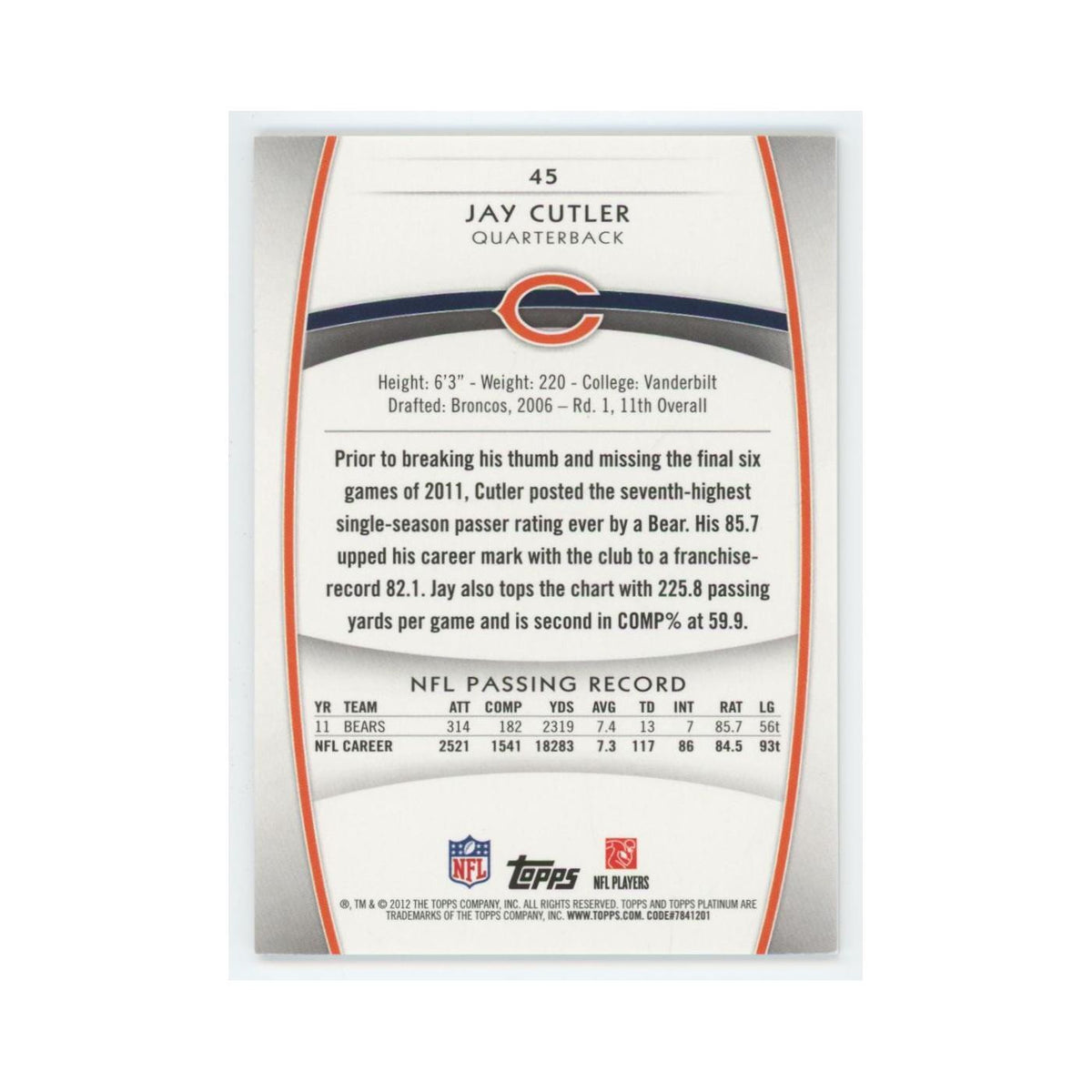 2012 Topps Platinum Jay Cutler Bears #45