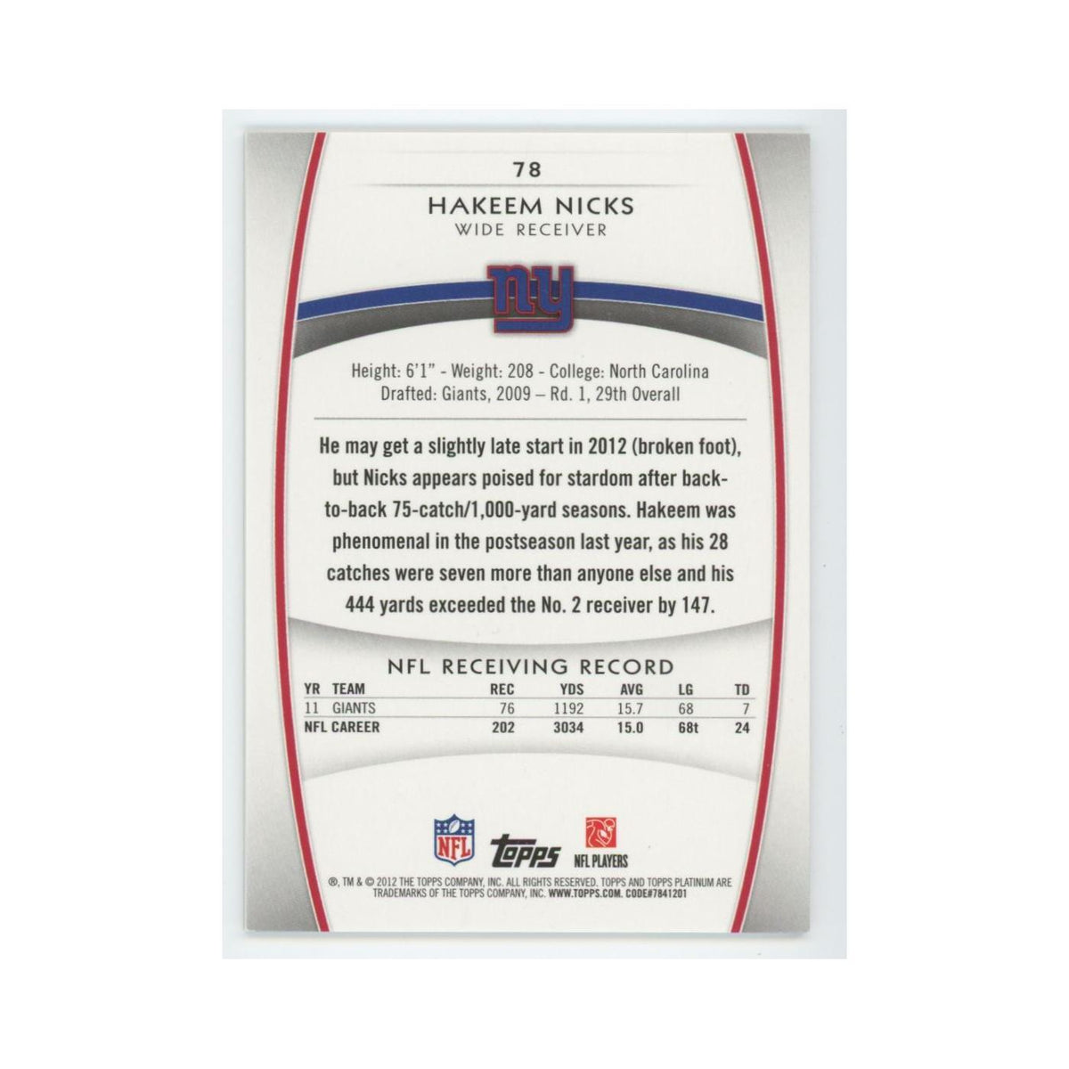2012 Topps Platinum Hakeem Nicks Giants #78