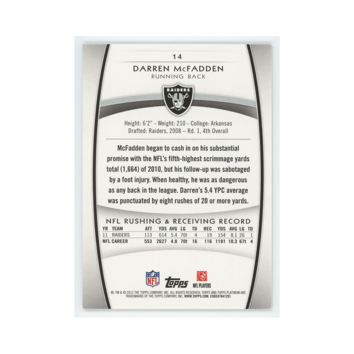 2012 Topps Platinum Darren McFadden Raiders #14