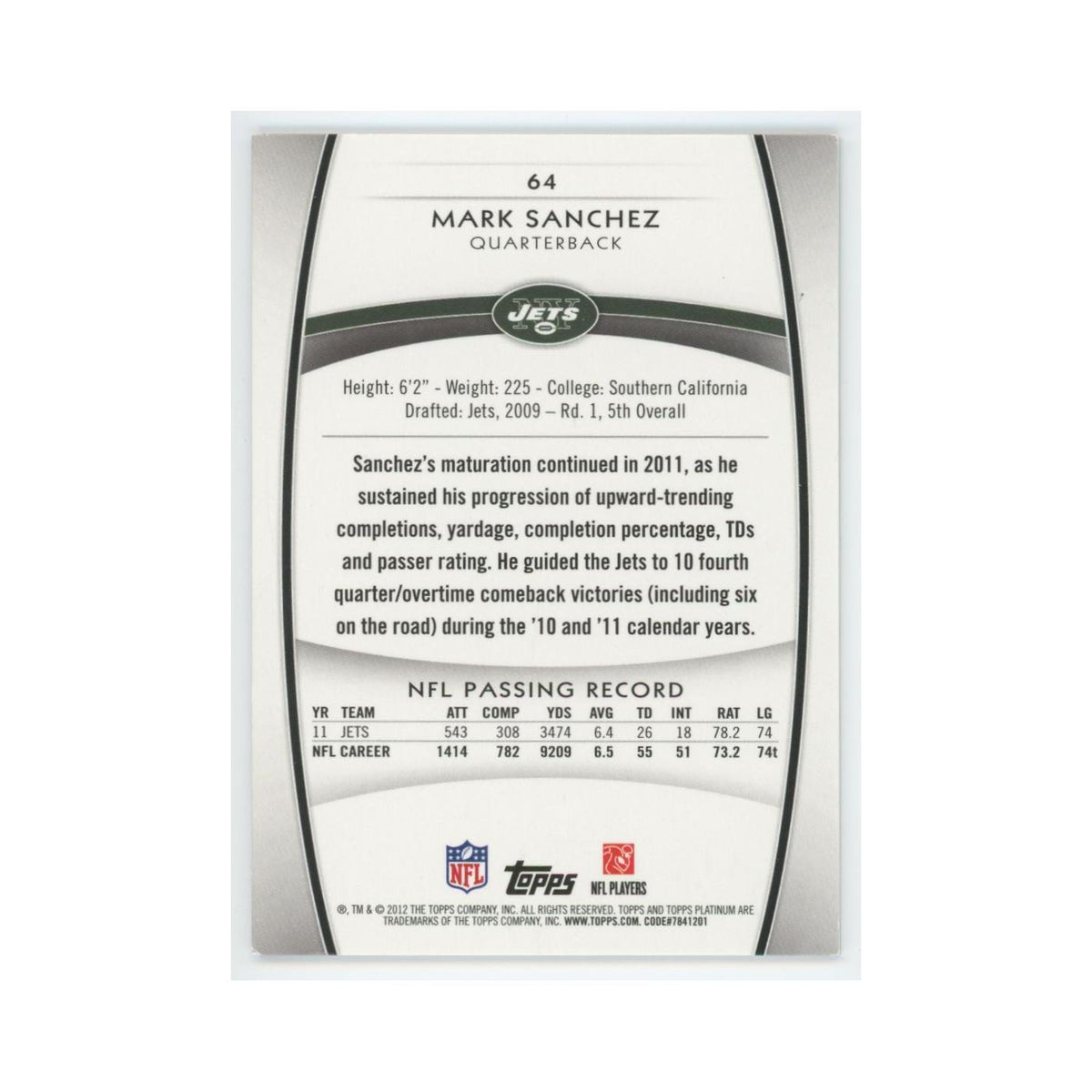 2012 Topps Platinum Mark Sanchez Jets #64