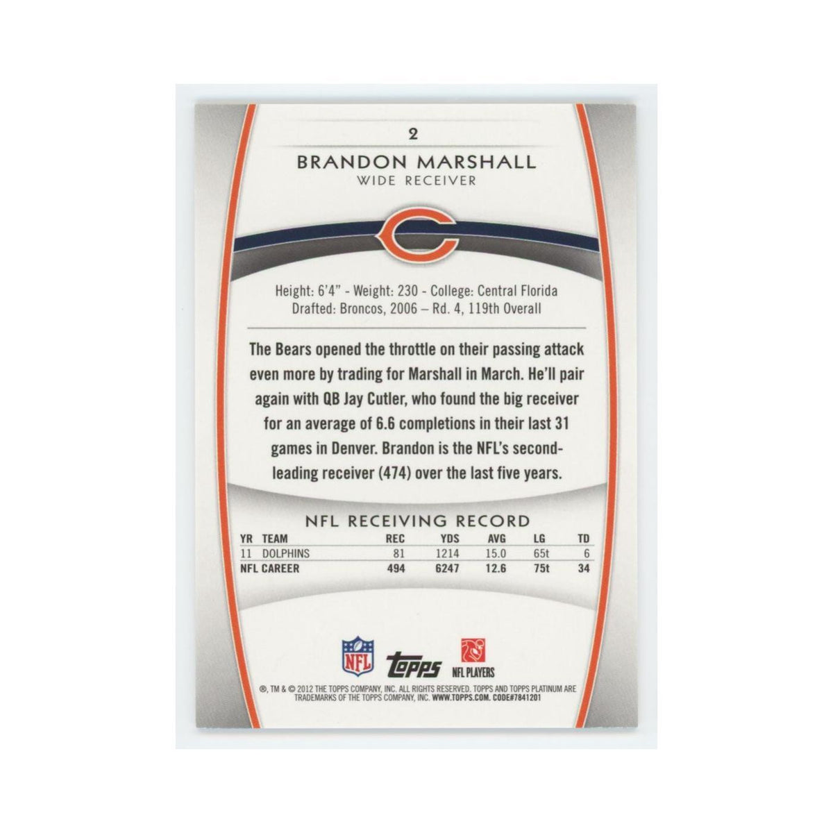 2012 Topps Platinum Brandon Marshall Bears #2