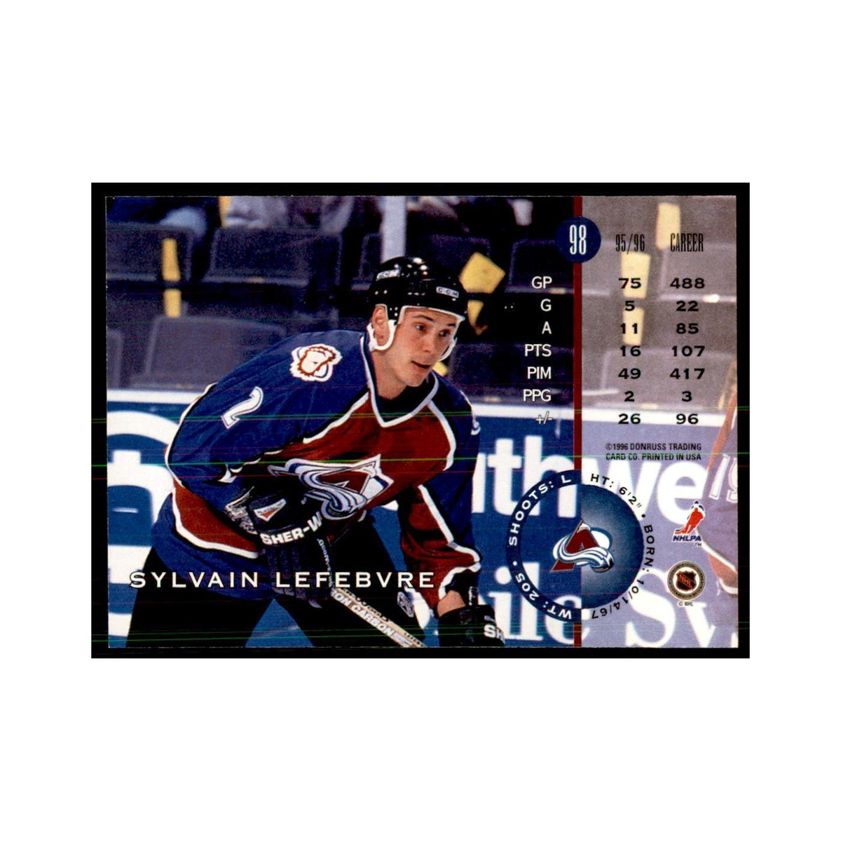 Sylvain Lefebvre 1996 Leaf #98 Hockey Cards Hockey Card NM