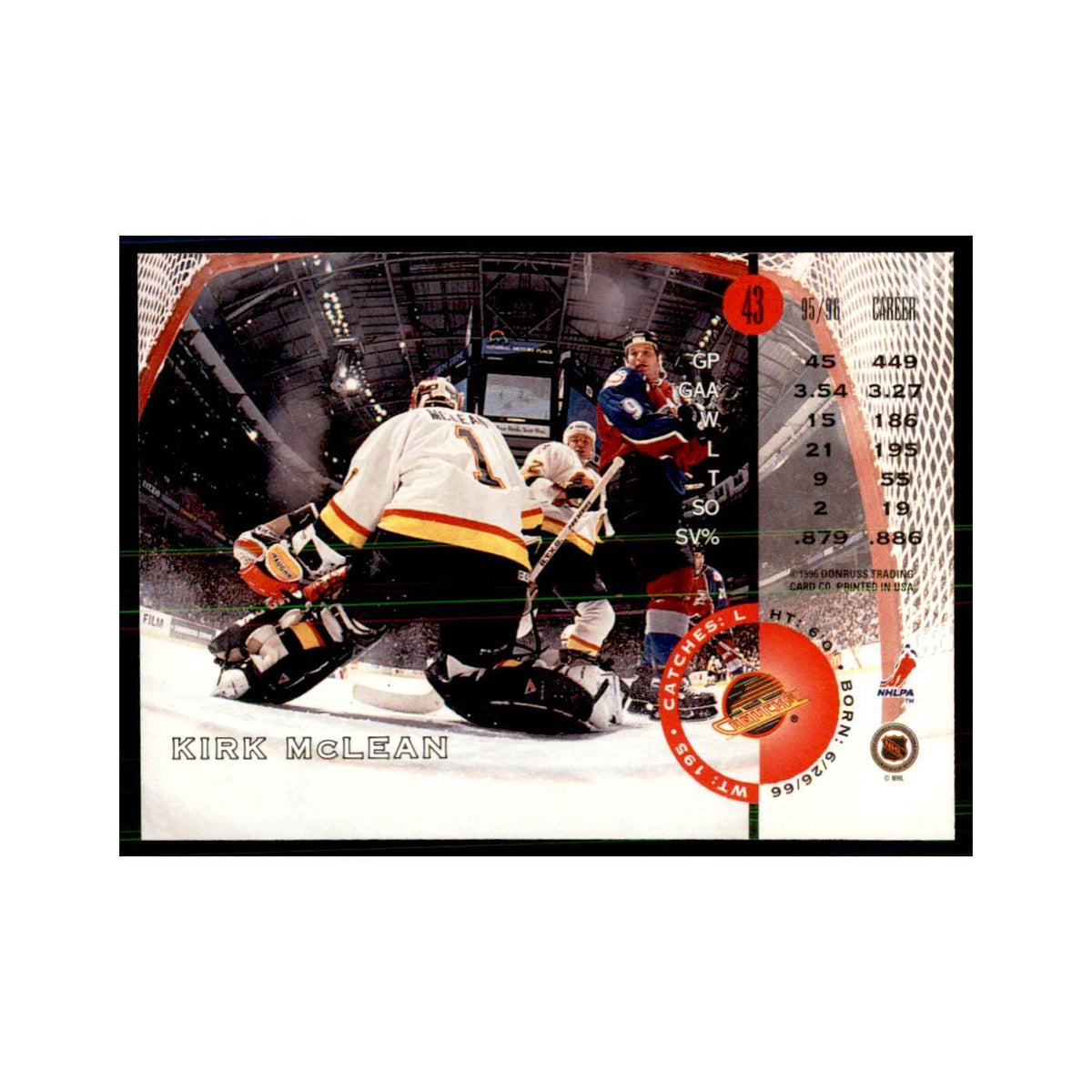 Kirk McLean 1996 Leaf #43 Hockey Cards Hockey Card NM