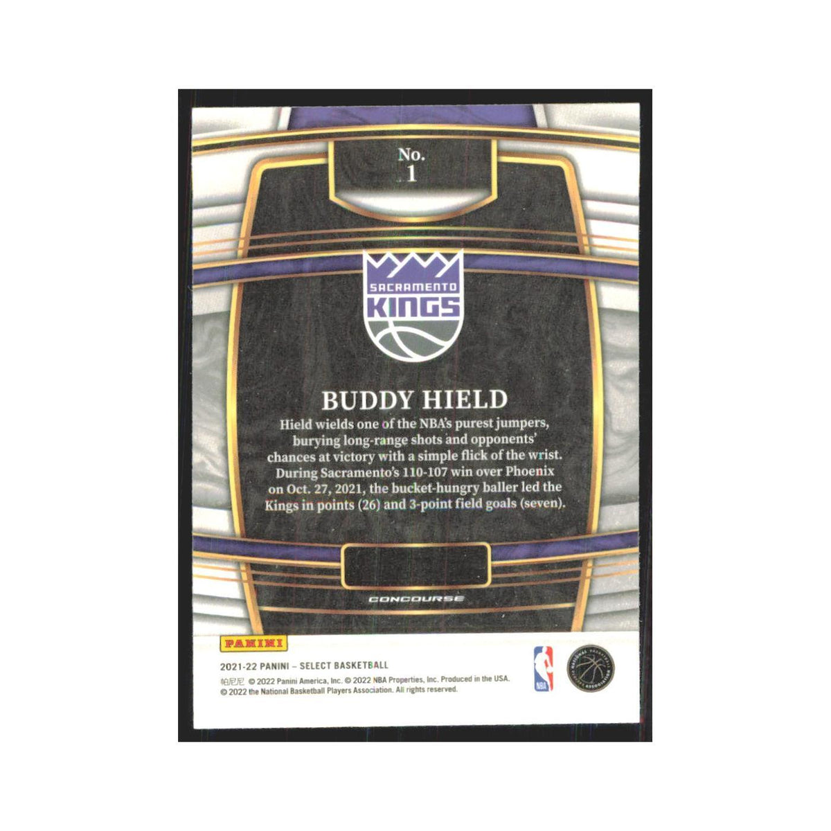 Buddy Hield 2021 Panini Select #1 Indiana Pacers Basketball Card NM