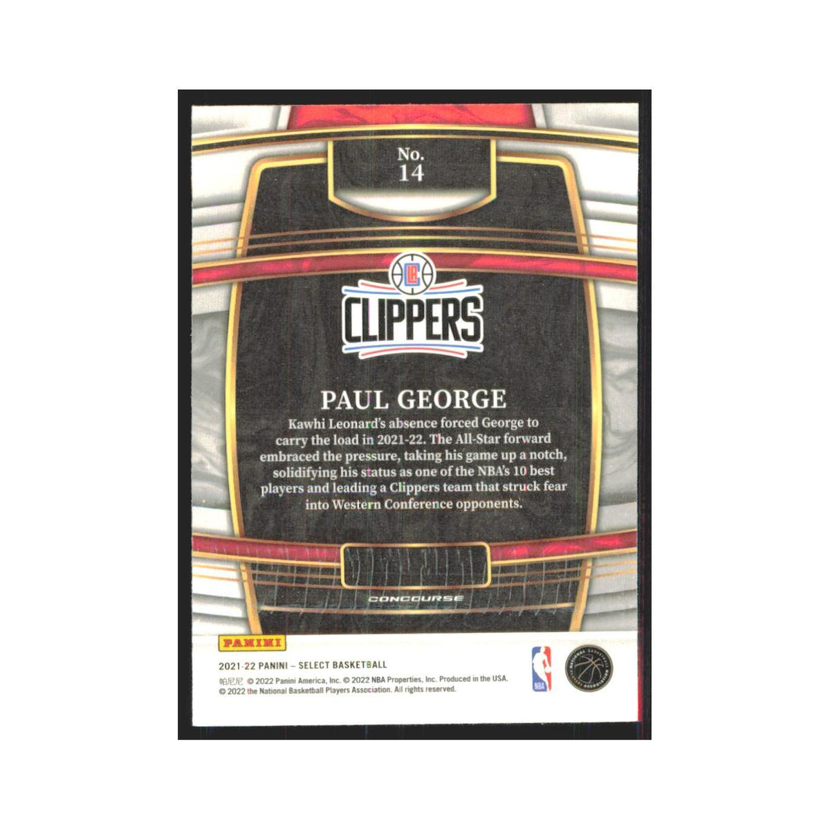 Paul George 2021 Panini Select #14 Los Angeles Clippers Basketball Card NM