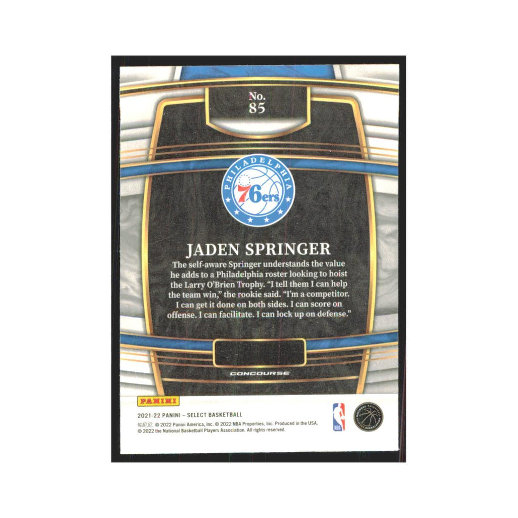 Jaden Springer 2021 Panini Select #85 Philadelphia 76ers Basketball Card NM