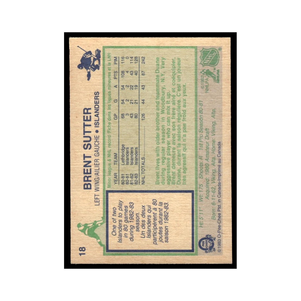 Brent Sutter 1983 O-Pee-Chee #18 New York Islanders Hockey Card EX