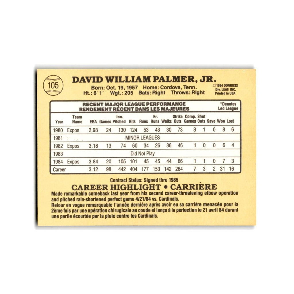 David Palmer 1985 Leaf #105 Montreal Expos Baseball Card NM