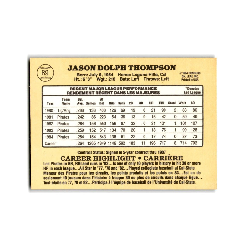 Jason Thompson 1985 Leaf #89 Pittsburgh Pirates Baseball Card NM