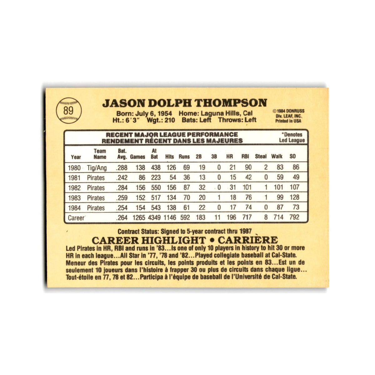 Jason Thompson 1985 Leaf #89 Pittsburgh Pirates Baseball Card NM