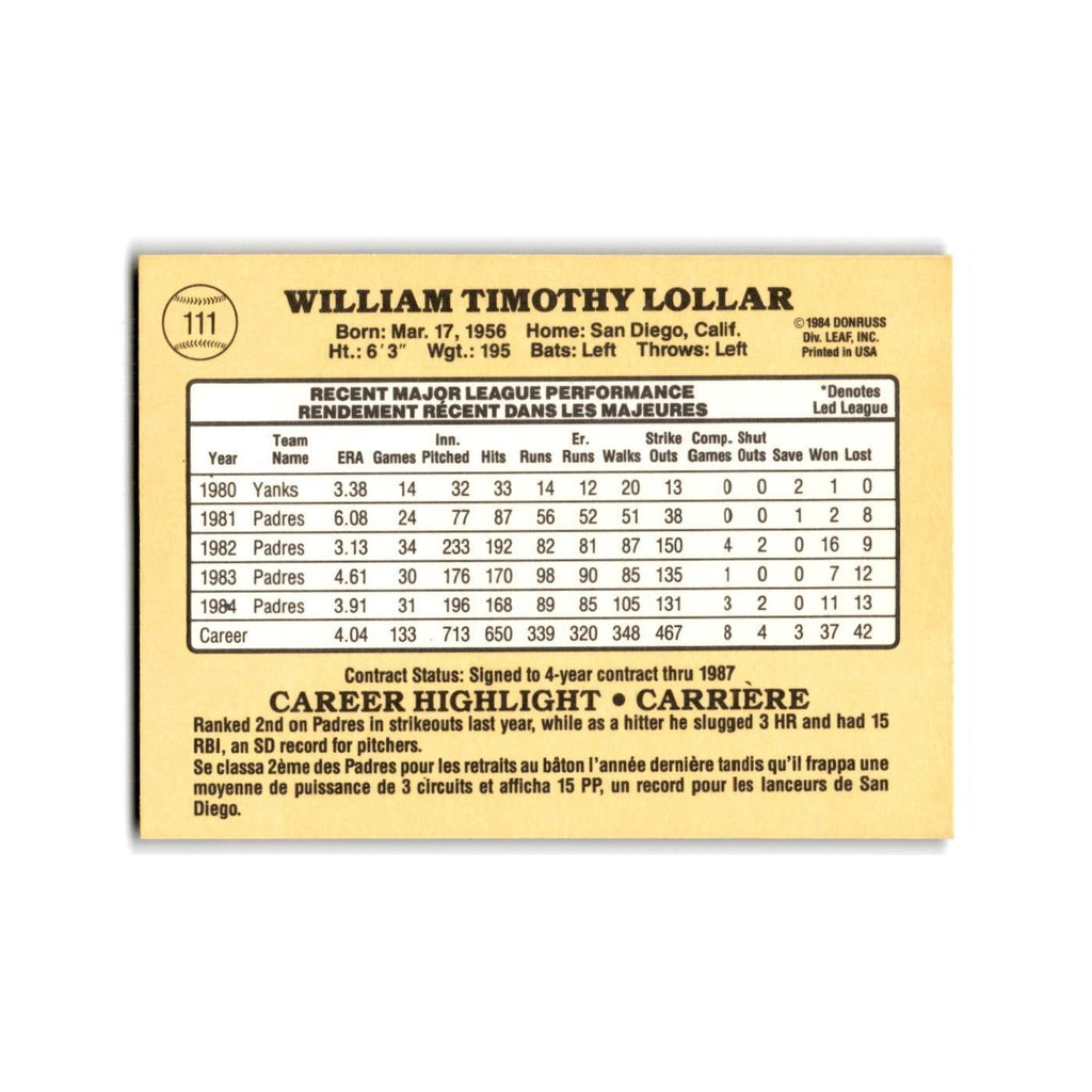 Tim Lollar 1985 Leaf #111 San Diego Padres Baseball Card NM