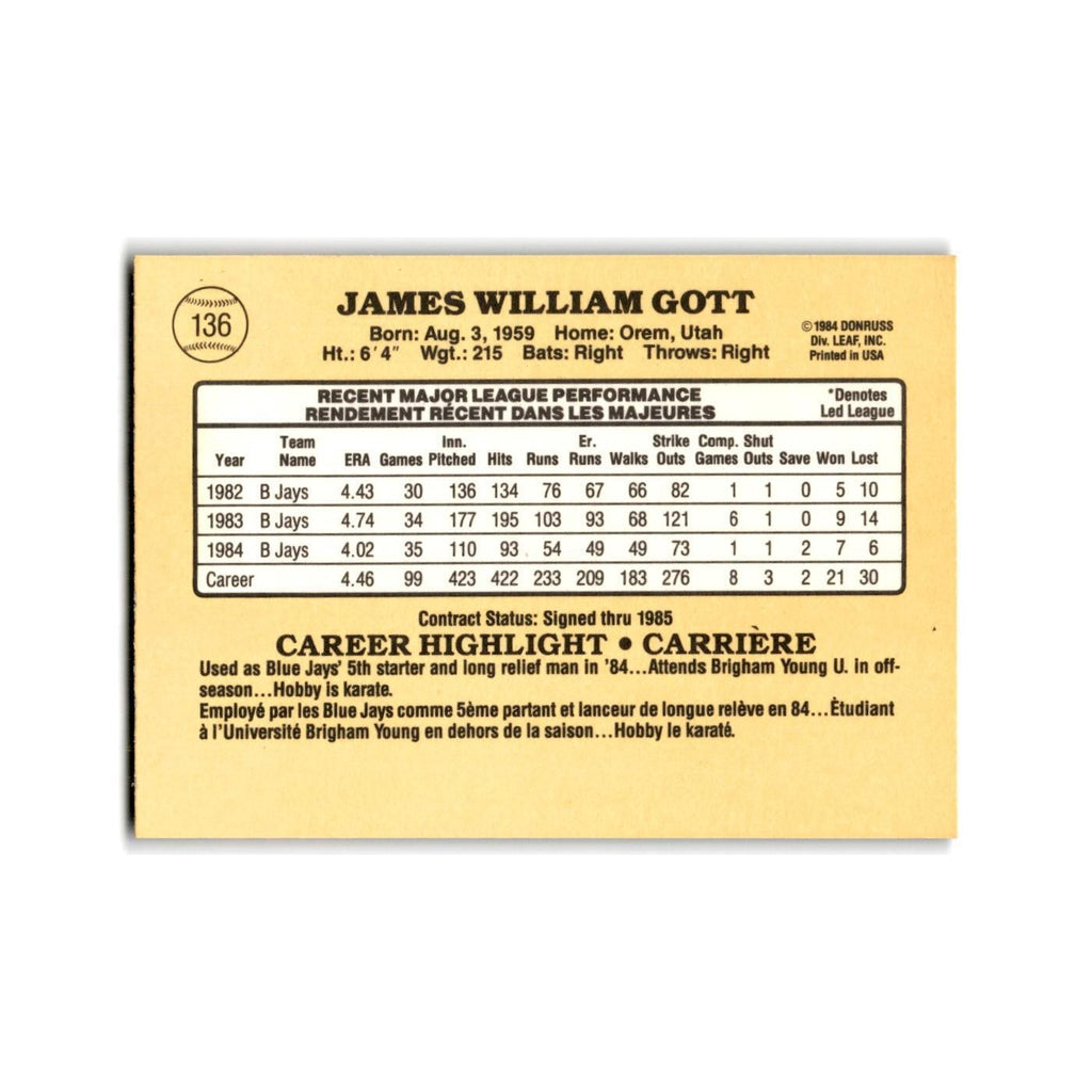 Jim Gott 1985 Leaf #136 Toronto Blue Jays Baseball Card NM