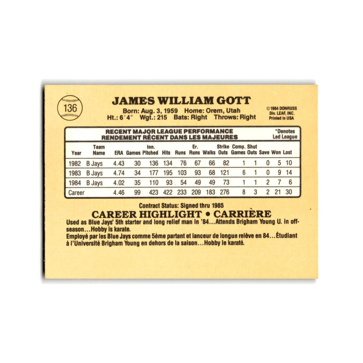 Jim Gott 1985 Leaf #136 Toronto Blue Jays Baseball Card NM