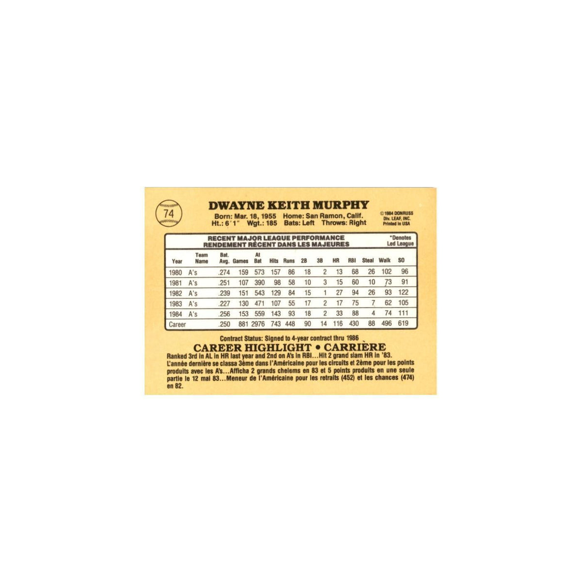 Dwayne Murphy 1985 Leaf #74 Oakland Athletics Baseball Card NM