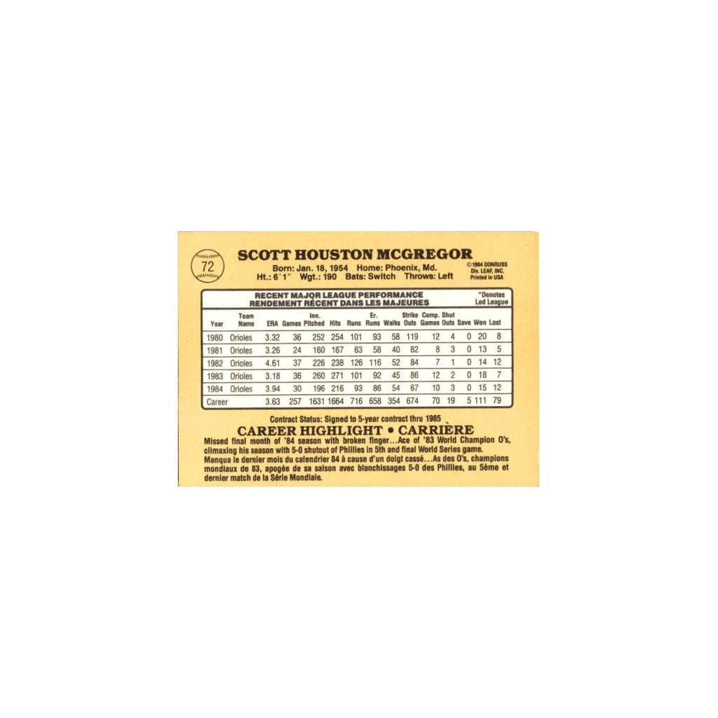 Scott McGregor 1985 Leaf #72 Baltimore Orioles Baseball Card NM
