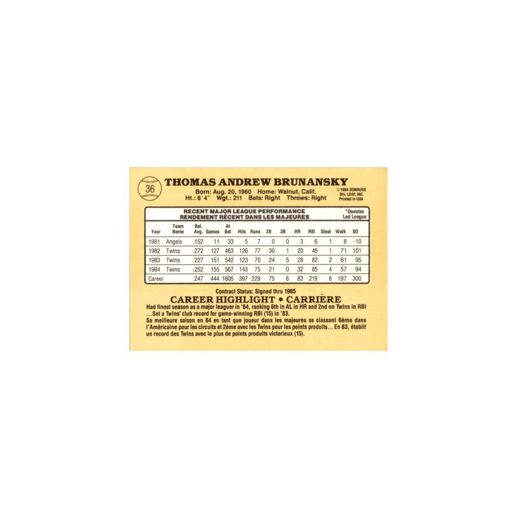 Tom Brunansky 1985 Leaf #36 Minnesota Twins Baseball Card NM