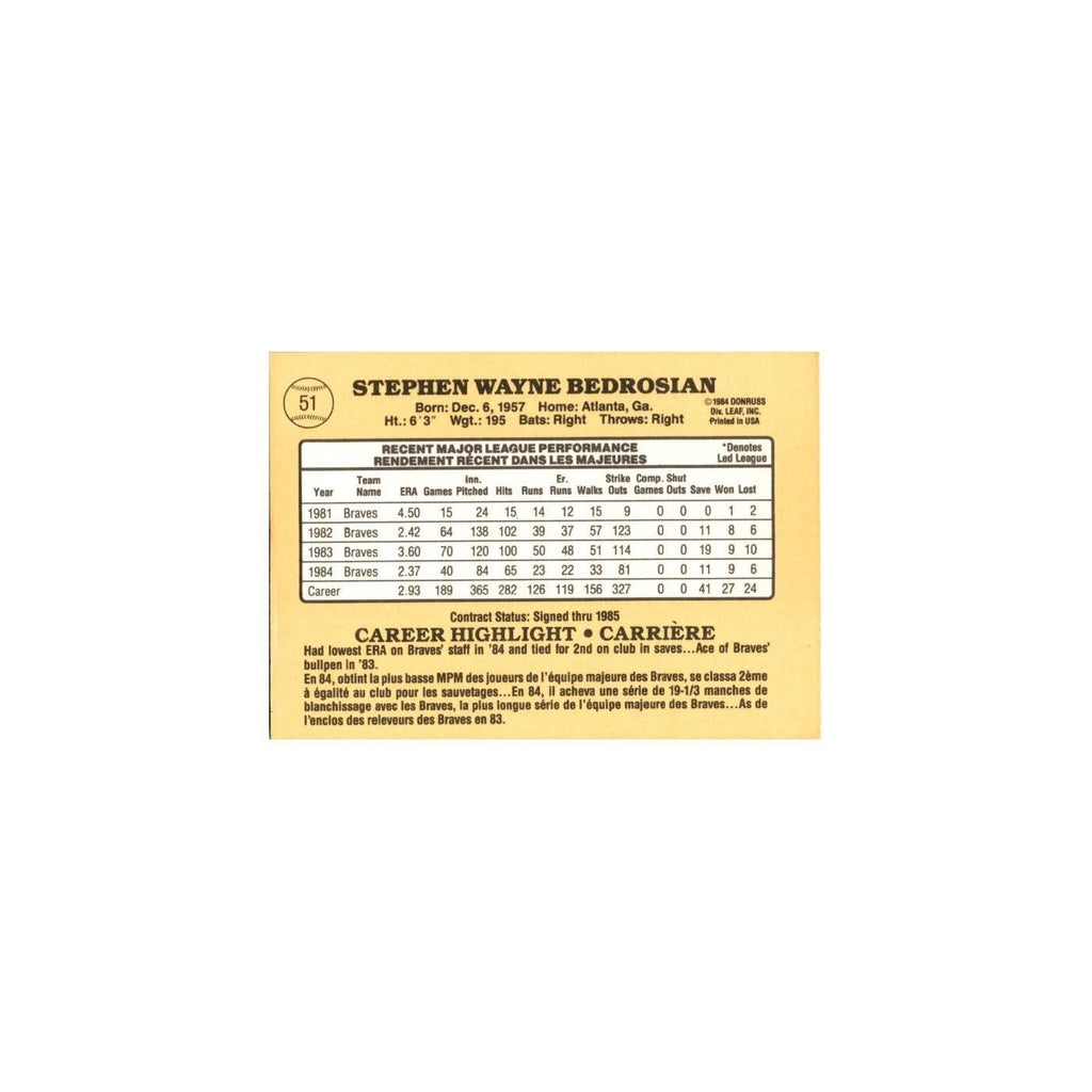 Steve Bedrosian 1985 Leaf #51 Atlanta Braves Baseball Card NM