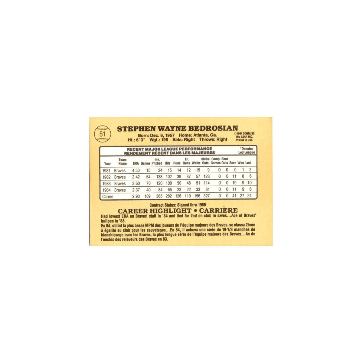 Steve Bedrosian 1985 Leaf #51 Atlanta Braves Baseball Card NM