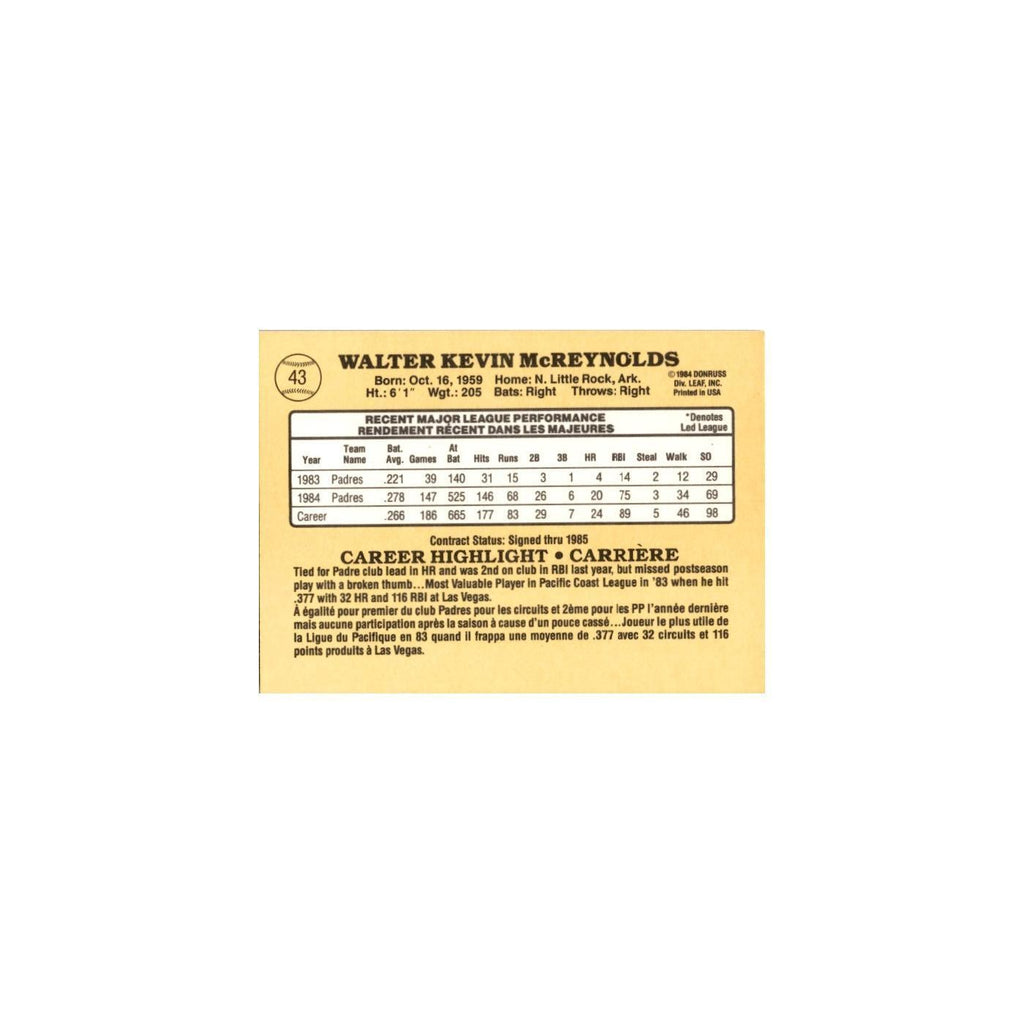 Kevin McReynolds 1985 Leaf #43 San Diego Padres Baseball Card NM