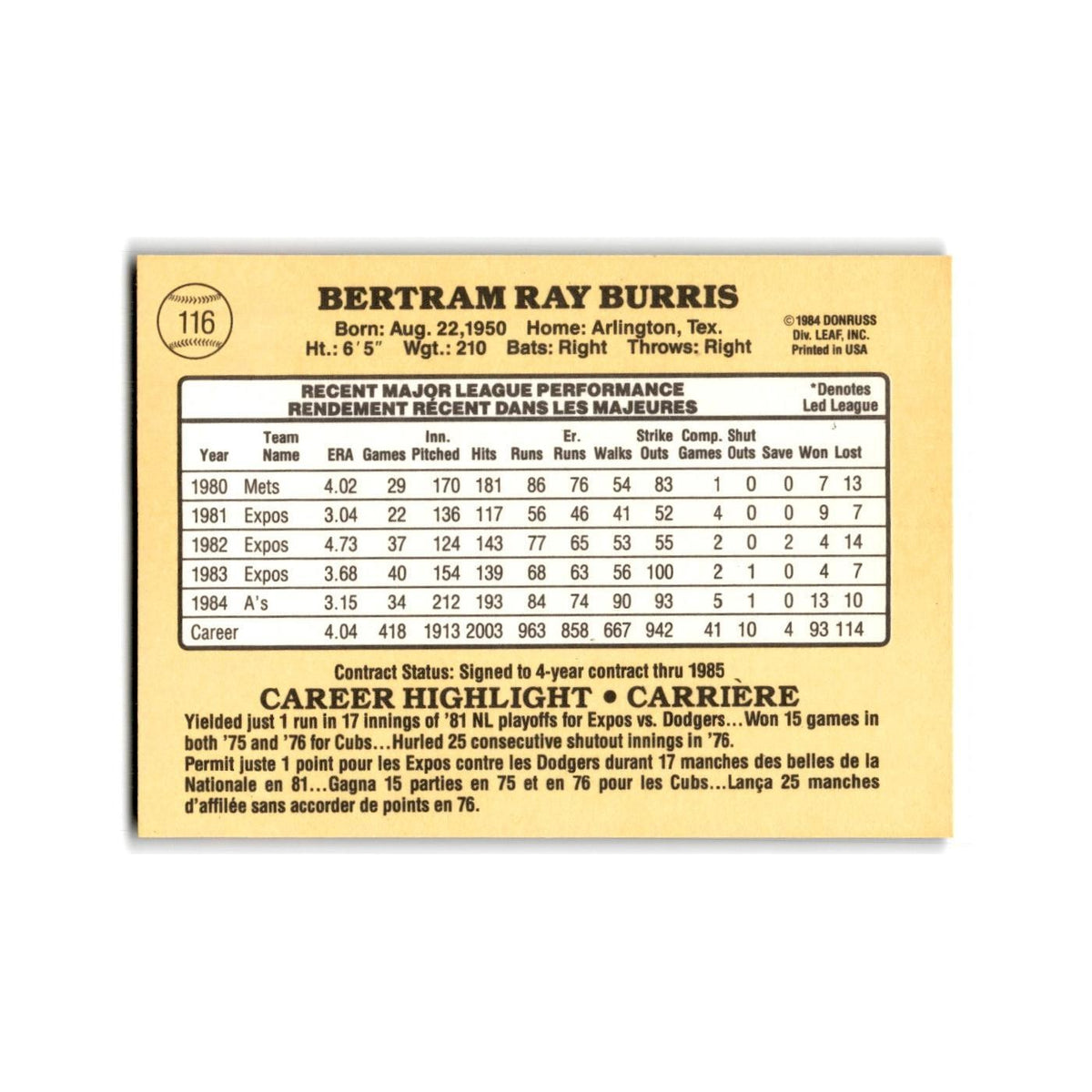 Ray Burris 1985 Leaf #116 Oakland Athletics Baseball Card NM