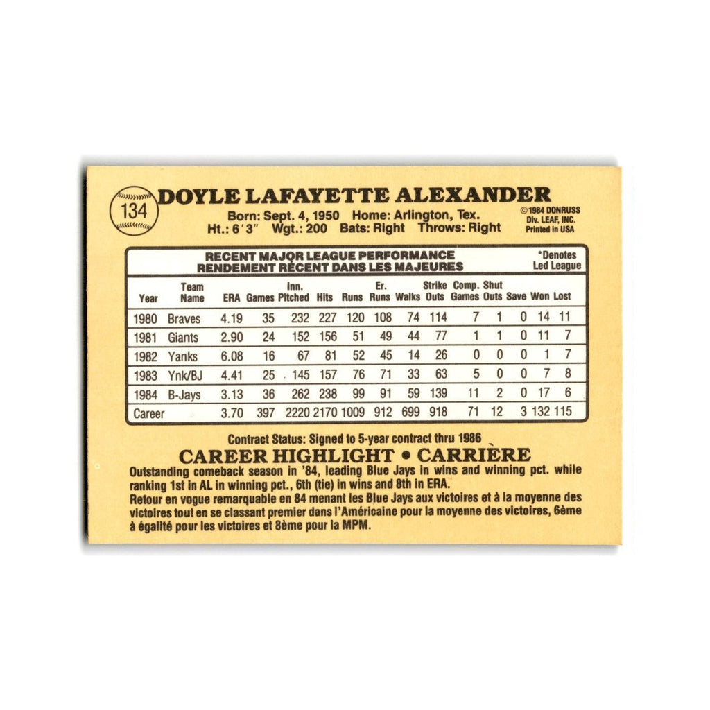 Doyle Alexander 1985 Leaf #134 Toronto Blue Jays Baseball Card NM