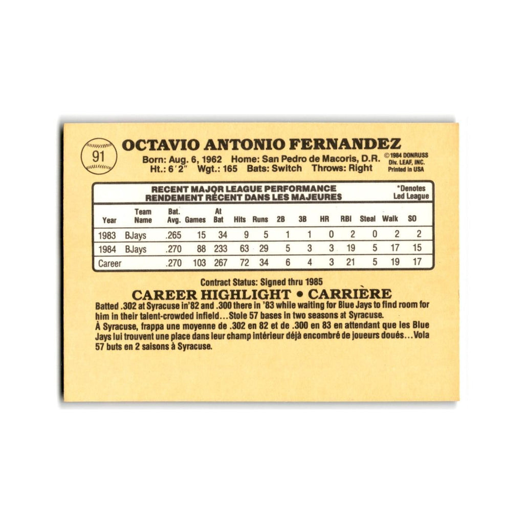Tony Fernandez 1985 Leaf #91 Toronto Blue Jays Baseball Card NM