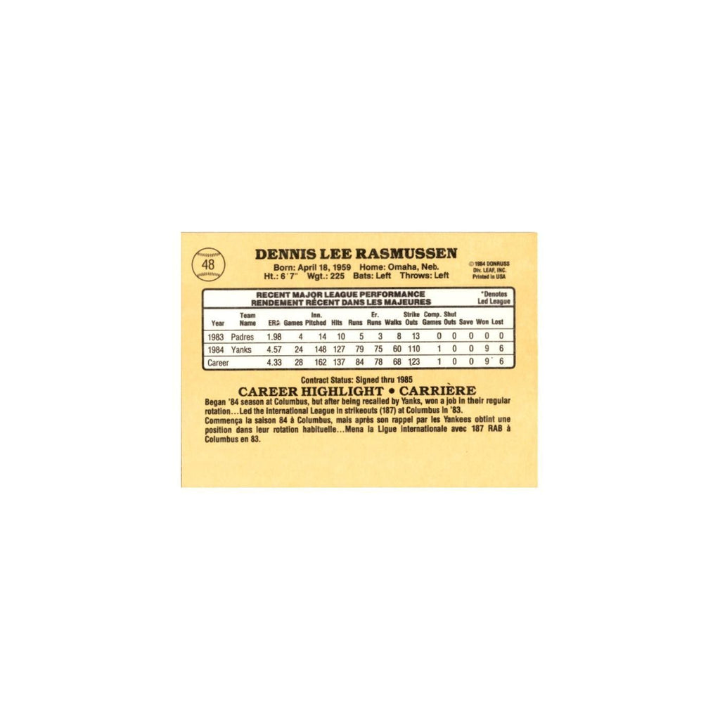 Dennis Rasmussen 1985 Leaf #48 New York Yankees Baseball Card NM