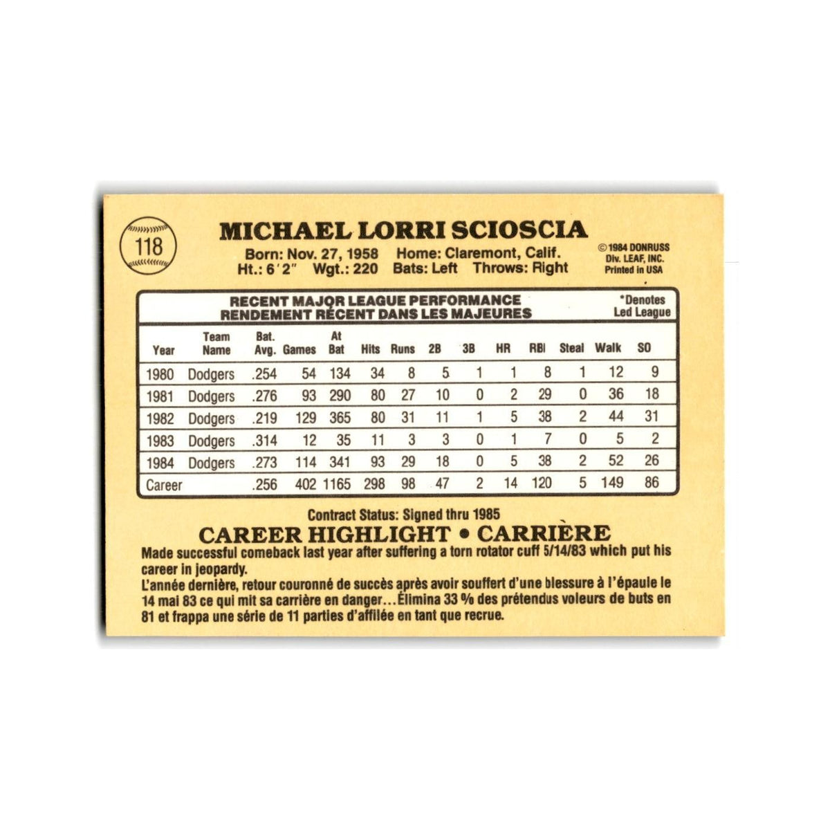 Mike Scioscia 1985 Leaf #118 Los Angeles Dodgers Baseball Card NM