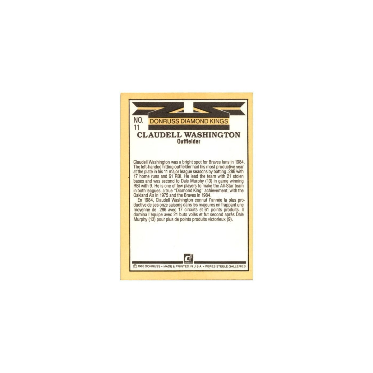 Claudell Washington 1985 Leaf #11 Atlanta Braves Baseball Card NM